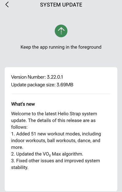 As notas de lançamento da pulseira Amazfit Helio Strap informam que ela está recebendo a atualização v3.22.0.1