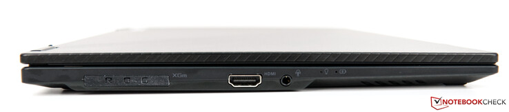 Esquerda: Interface móvel ROG XG incluindo 1x USB 3.2 Gen 2 Type-C, 1x HDMI 2.0b, 1x conector de áudio combinado de 3.5 mm