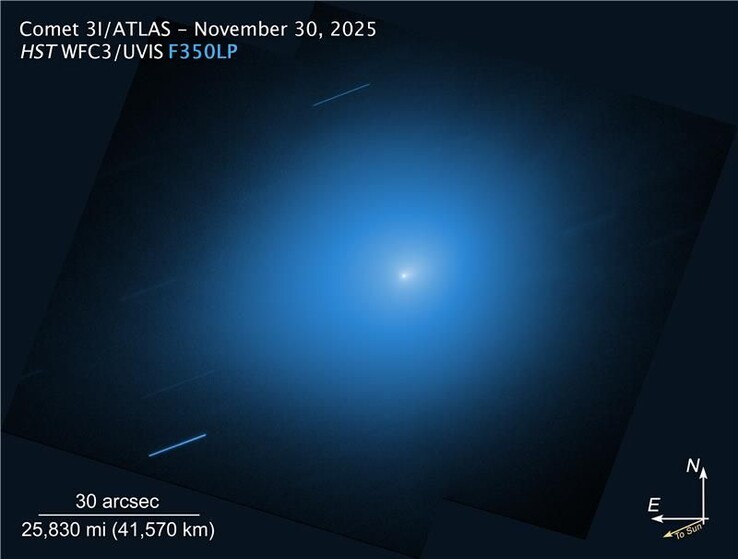 Imagem tirada pelo Telescópio Espacial Hubble em 30 de novembro de 2025, mostrando o cometa 3I/ATLAS. (Fonte da imagem: NASA, ESA, STScI, D. Jewitt (UCLA), M.-T. Hui (Observatório Astronômico de Xangai). Processamento de imagens: J. DePasquale (STScI))