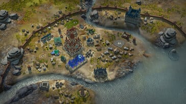 Uma imagem mostrando uma cidade em Pathfinder: Kingmaker — Enhanced Plus Edition.