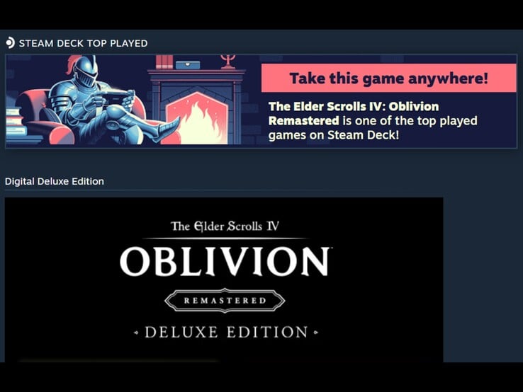 Uma captura de tela de um banner publicitário do Steam promovendo *The Elder Scrolls IV: Oblivion Remastered* como um dos jogos mais jogados no Steam Deck.
