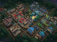 Uma imagem mostrando edifícios em Against the Storm.