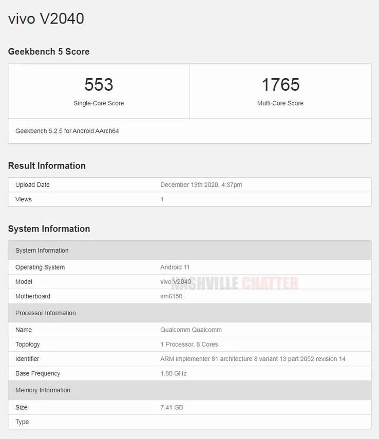 O "vivo v2040" no Geekbench 5. (Fonte: Geekbench via Nashville Chatter)