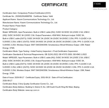 Especificações do carregador portátil Xiaomi WPB1025 (traduzido)