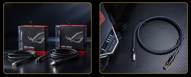Asus ROG Zoom. Uma manga entrançada de alta densidade protege-o contra a abrasão e a tração, enquanto os conectores RJ-45 utilizam blindagem de cobre banhado a ouro.