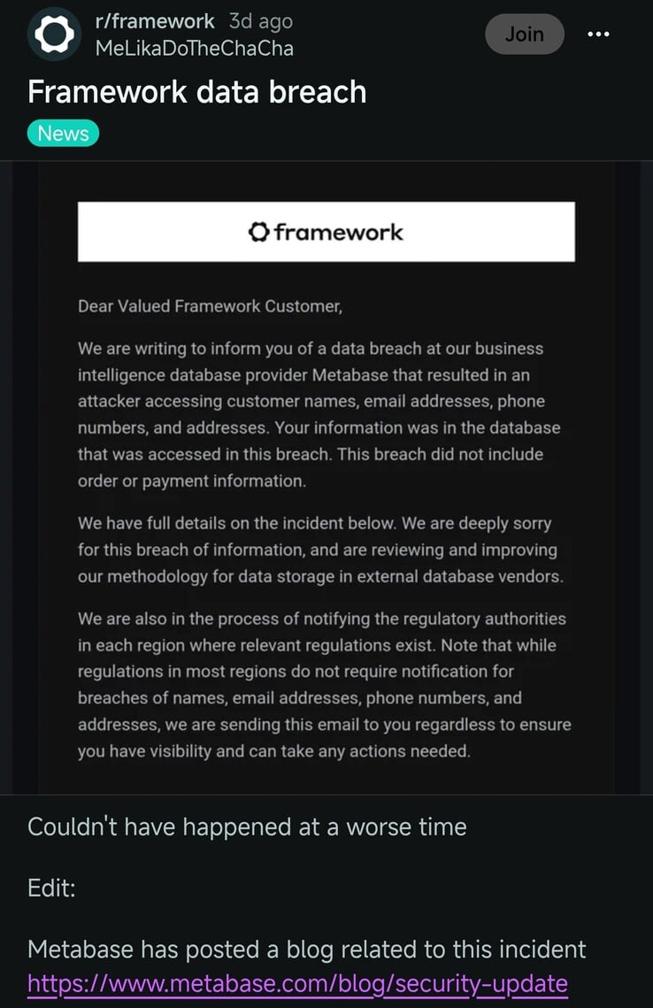 A publicação no Reddit com detalhes sobre a violação, conforme descrita pela Framework
