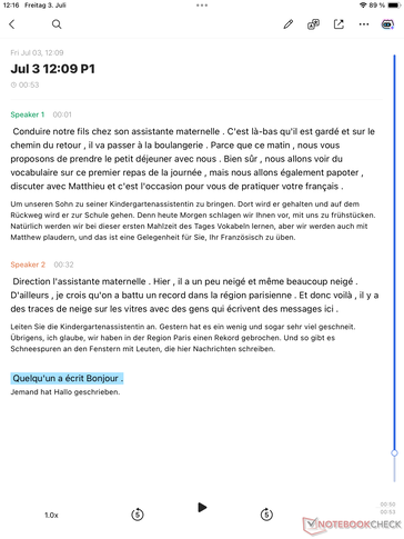 A transcrição e a tradução do francês apresentaram excelente qualidade no teste; faltam apenas algumas palavras.