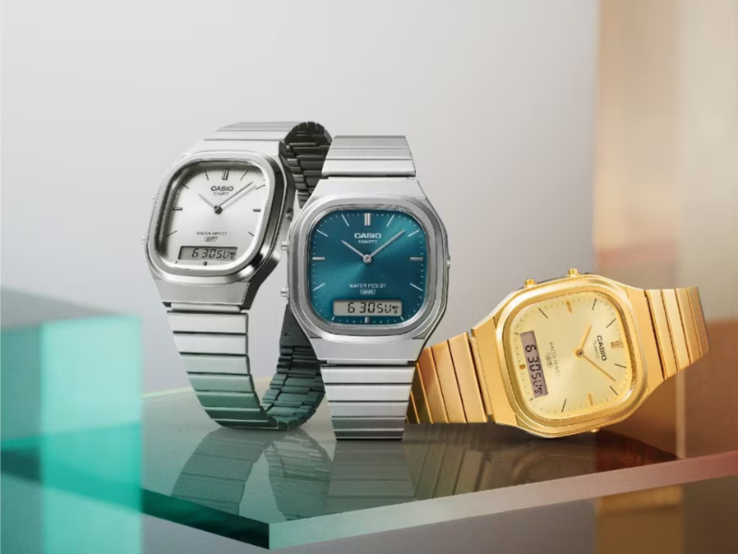 Os relógios Casio AQ-240E-7A (esquerda), AQ-240E-3A (centro) e AQ-240EG-9A (direita). (Fonte da imagem: Casio)