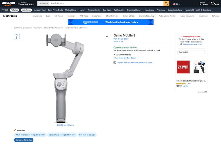 Uma listagem de produtos do Osmo Mobile 8 com uma imagem de produto do Osmo Mobile 4 usada como espaço reservado. (Fonte da imagem: Amazon)