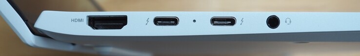 Esquerda: HDMI, 2x USB-C 4 gen 3x2 (Power Delivery, DisplayPort, Thunderbolt 4), 3,5 mm
