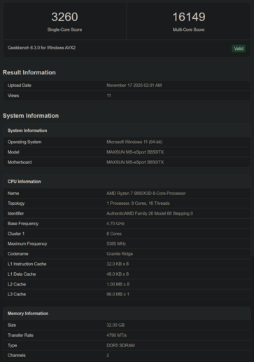 Listagem do Geekbench do Ryzen 7 9850X3D (fonte da imagem: Geekbench)