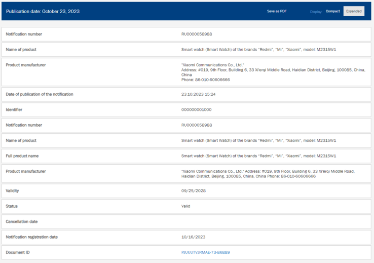 A certificação da EEC para um smartwatch Redmi com o número de modelo M2315W1. (Fonte da imagem: NRRA)