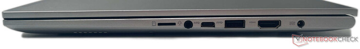 Direito: leitor microSD, conector de áudio combinado de 3,5 mm, USB 3.2 Gen1 Tipo C, USB 3.2 Gen1 Tipo A, HDMI 1.4-out, DC-in
