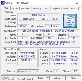 Intel Core i5-11400H. (Fonte de imagem: Validador CPU-Z)