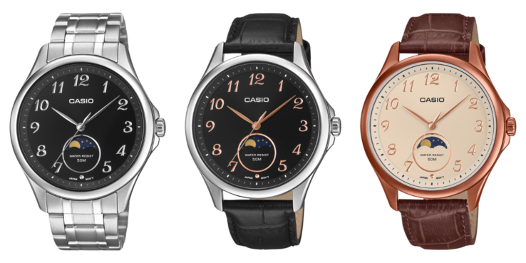 Da esquerda para a direita: os relógios Casio MTP-M110D-1AV, MTP-M110L-1AV e MTP-M110RL-5AV. (Fonte da imagem: Casio)