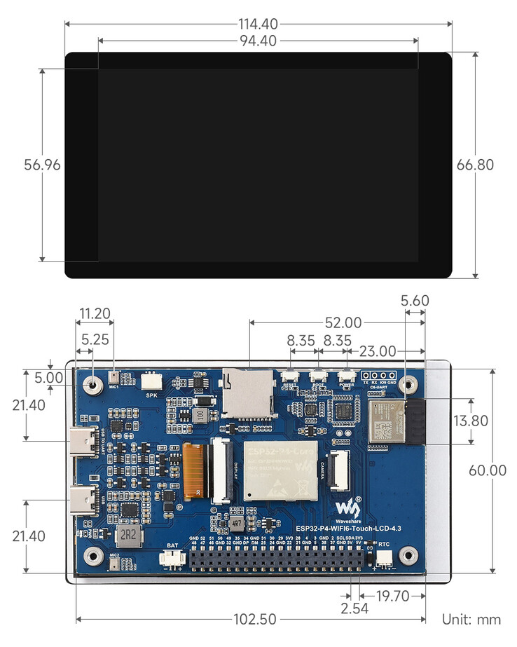 Desenho mecânico do display touch ESP32-P4 de 4,3 polegadas com dimensões detalhadas da placa e do gabinete (em mm)