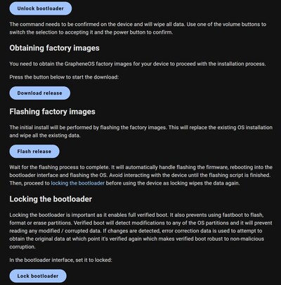 Semelhante à ferramenta de recuperação on-line do Pixel, 4 cliques em um instalador on-line é tudo o que é necessário para instalar o Graphene (Fonte da imagem: GrapheneOS)