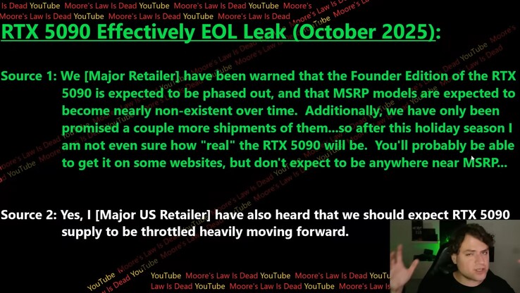 O fornecimento da RTX 5090 está sendo consideravelmente reduzido nos próximos meses. (fonte da imagem: Moore's Law Is Dead)