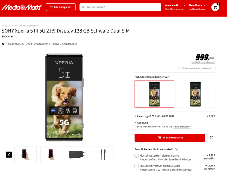 O Xperia 5 III começará a ser enviado junto com o Xperia 1 III no início de agosto. (Fonte da imagem: MediaMarkt)