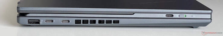 Esquerda: USB-A 3.2 Gen.1 (5 Gbit/s), 2x USB-C 4.0 com Thunderbolt 4 (40 GBit/s, DisplayPort, Power Delivery), USB-C (para carregar o teclado Bluetooth)