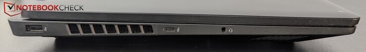Esquerda: USB-A (5 Gbitps), USB-C (10 Gbitps), conector para fone de ouvido
