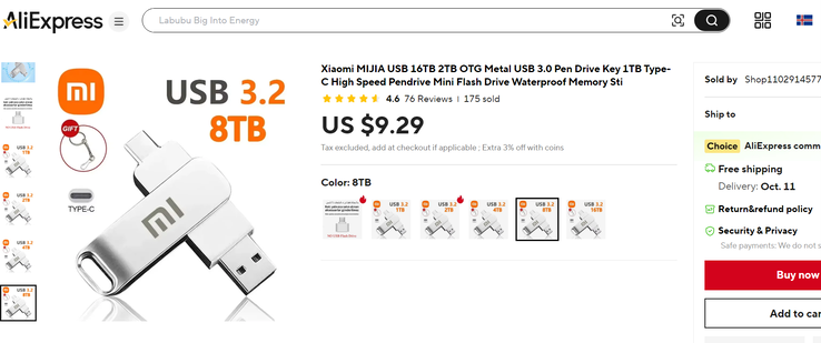 A listagem do pen drive (Fonte da imagem: Captura de tela - Notebookcheck / Aliexpress)