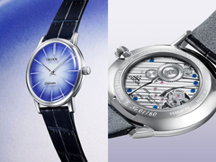 O mostrador do Credor GCBY991 Goldfeather (à esquerda) e o calibre 6890 de corda manual (à direita), retratados contra um fundo azul-branco. (Fonte da imagem: Credor - editado)