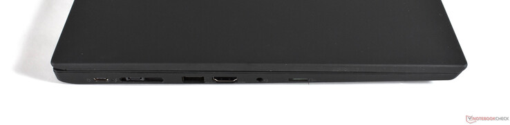 Lado esquerdo: Porta USB C 3.2 Gen 1, porta Thunderbolt 3, porta miniEthernet/Docking, porta USB A 3.0, saída HDMI, conector de áudio de 3,5 mm, leitor de cartões microSD