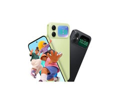 Uma tela secundária de 240 x 296 na parte traseira funciona como visor para selfies e exibe alertas de chamadas e controles de música.
