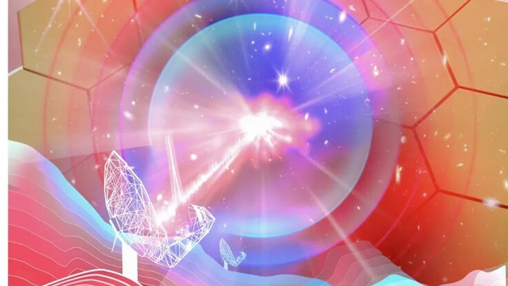 Uma ilustração artística mostrando o radiotelescópio MeerKAT detetando uma FRB.