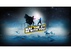 Uma imagem promocional para o Steam Star Wars Day Sale mostrando Darth Vade e Luke Skywalker envolvidos em uma batalha de sabre de luz com texto promocional na parte superior. (Fonte da imagem: Steam)