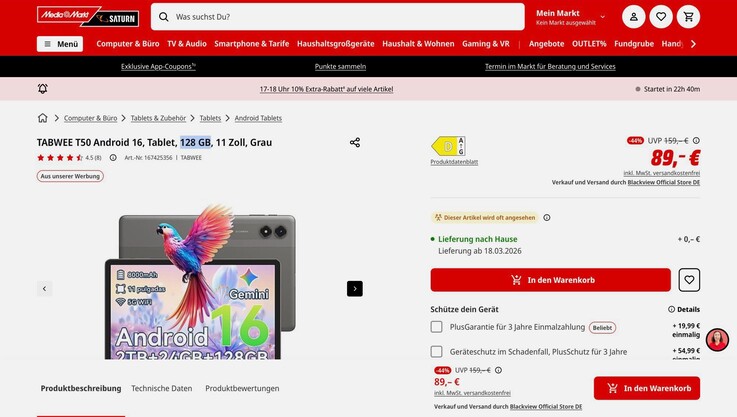 O Tabwee T50 é comercializado em várias regiões com 6 GB de RAM e 128 GB de armazenamento.