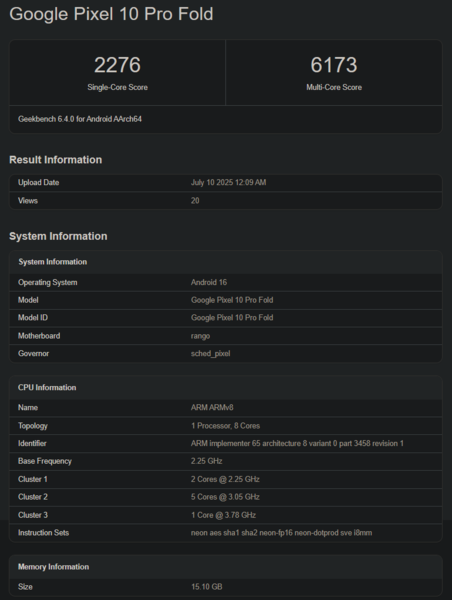 Pontuação do Geekbench do Tensor G5 (fonte da imagem: Geekbench)