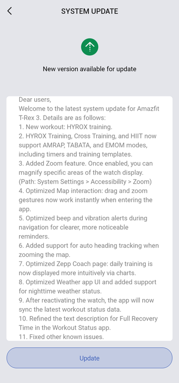 As notas de lançamento da versão 3.9.4.4 para o smartwatch T-Rex 3. (Fonte da imagem: Amandeepxreal via Reddit)