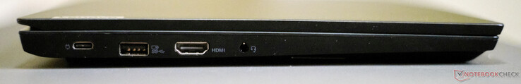 Esquerda: USB-C 3.2 Gen 1 (incl. DisplayPort 1.2 + carregamento), USB-A 3.2 Gen 1, HDMI 1.4b, tomada