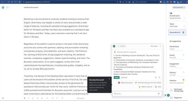 Editor Grammarly baseado na Web com recursos de IA generativa em ação (Fonte: Próprio)