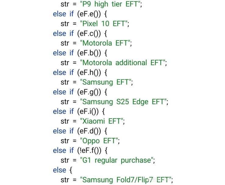 Trecho de código mostrando a desmontagem do APK com referências ao Pixel 10, Samsung Fold7/Flip7, S25 Edge e outros dispositivos Android qualificados para a avaliação do Gemini AI Pro. (Fonte da imagem: AssembleDebug via Android Authority)