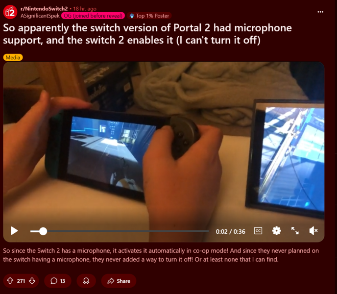 Portal 2 Switch 2 sempre no microfone demonstrado (fonte da imagem: captura de tela, subreddit do Nintendo Switch 2)