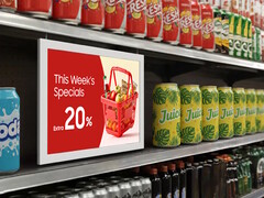 O display de papel eletrônico EM13DX da Samsung, alimentado por bateria, pode substituir a sinalização impressa em aplicações de varejo. (Fonte da imagem: Samsung)