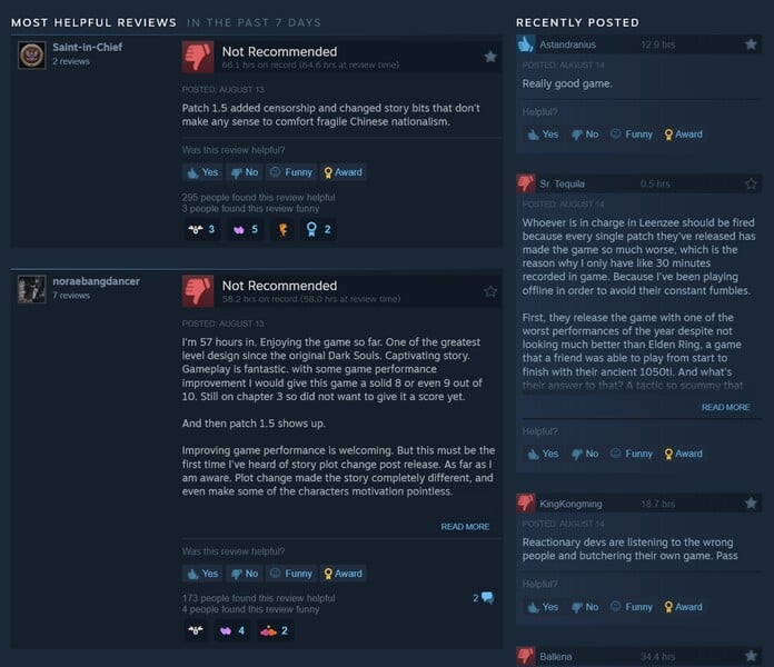 Wuchang: Fallen Feathers opiniões recentes no Steam (Fonte da imagem: captura de tela, Steam)