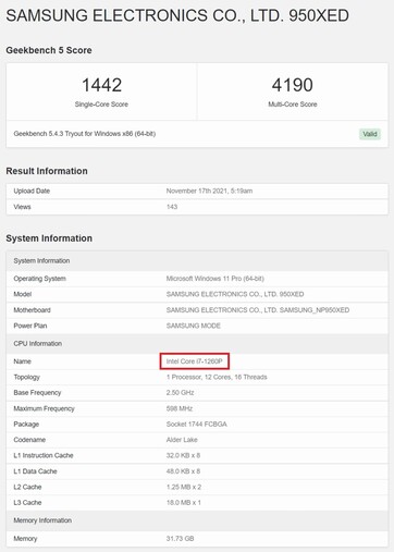 Banco mais antigo da Samsung. (Fonte de imagem: Geekbench)