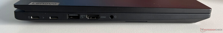 Esquerda: USB-C 3.2 Gen 1 (5 Gbps, DisplayPort ALT Mode 1.4, fornecimento de energia), USB-C 3.2 Gen 2 (10 Gbps, DisplayPort ALT Mode 1.4, fornecimento de energia), USB-A 3.2 Gen.1 (5 Gbps, alimentado), HDMI 1.4b, áudio de 3,5 mm