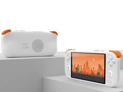 O dispositivo portátil Mangmi AIR X em branco e laranja com tela e alto-falante traseiro. (Fonte da imagem: Mangmi)