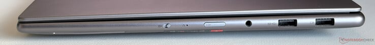 À direita: Webcam eShutter, botão liga/desliga, estéreo de 3,5 mm, 2x USB-A 3.2 Gen.2 (10 Gbps, 1x Always-on)