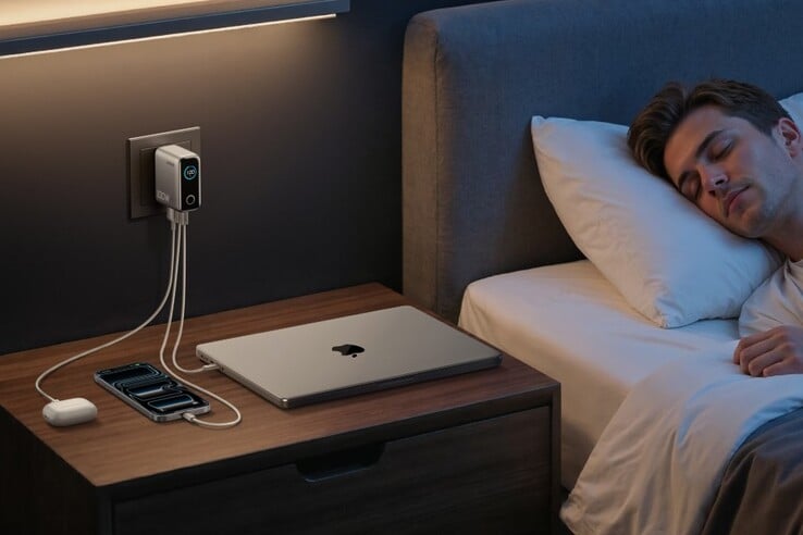 O carregador Anker (100 W, 3 portas, Smart Display) fornece energia suficiente para carregar um MacBook, iPhone e AirPods de uma só vez. (Fonte da imagem: Anker)