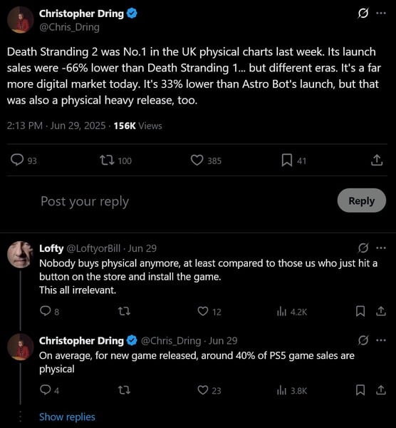 Postagem de Christopher Dring X sobre as vendas de Death Stranding 2 (Fonte da imagem: conta de Christopher Dring X)