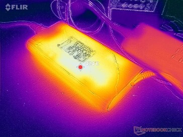 O adaptador CA atinge mais de 47 °C ao operar cargas exigentes por longos períodos