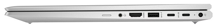 Lado direito: Leitor de cartão SIM (opcional), combo de áudio, HDMI, USB 3.2 Gen 1 (USB-A), 2x USB 3.2 Gen 2 (USB-C; Power Delivery, DisplayPort), conexão de energia