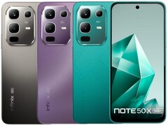 O Infinix Note 50x 5G vem nas cores verde-mar, roxo encantado e cinza titânio (Fonte da imagem: Infinix)