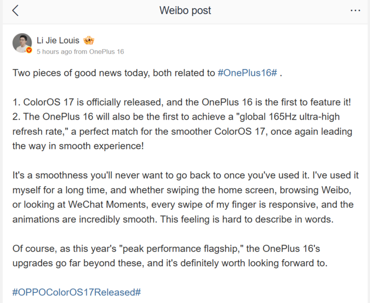 Li Jie confirmou uma taxa de atualização global de 165 Hz para o OnePlus 16 e o ColorOS 17, já de fábrica.